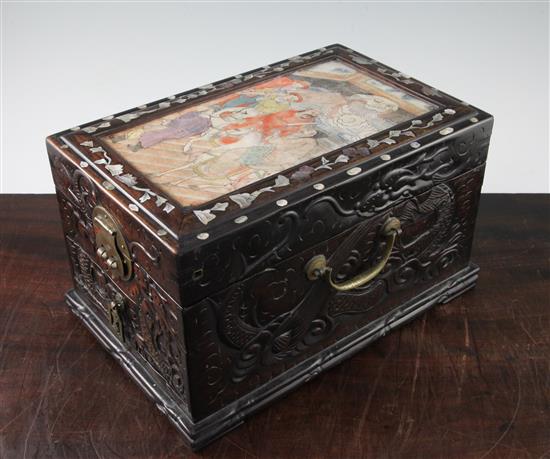 A Chinese rosewood and painted alabaster box, 19th century, length 35cm, width 23cm